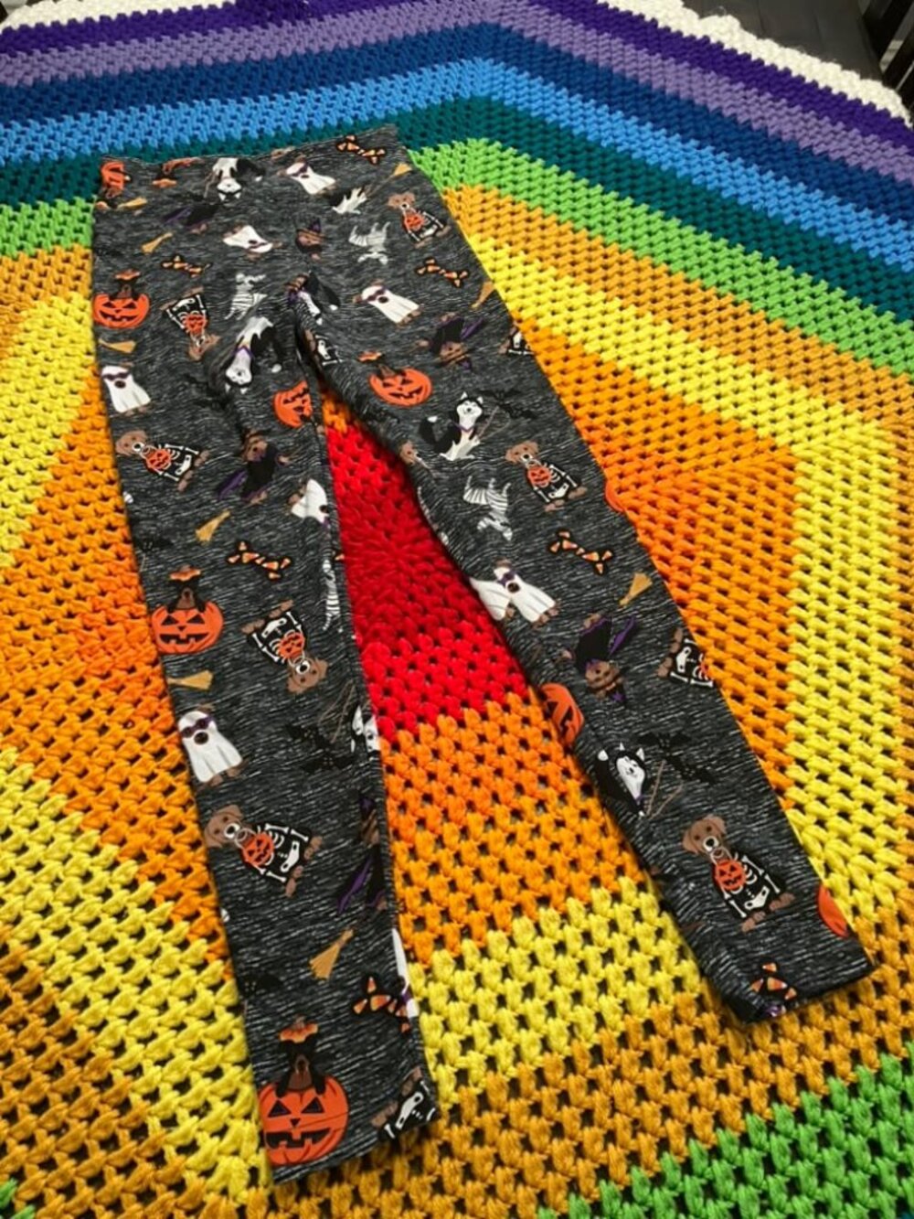 Halloween Dog Ghost Pumpkin Black White Stripe Leggings Pants S